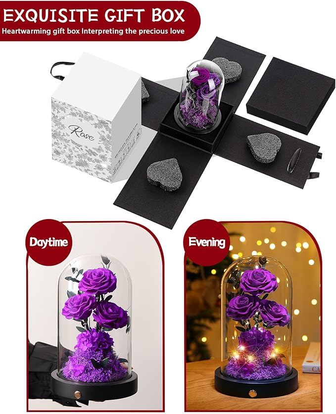 DENIMOMO Flowers Roses Gifts for Women Her,Forever Preserved Rose in Glass Dome, Valentines Anniversary Birthday Real Roses Gifts for Wife Women Girlfriend Best Friend/Purple