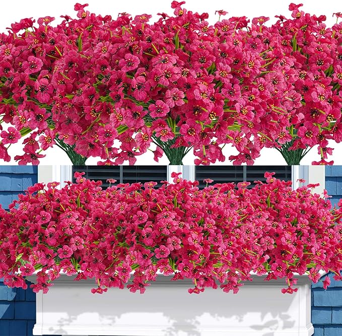 Uieke 16PCS Artificial Flowers for Outdoor UV Resistant Fake Flowers No Fade for Indoor Outside Home Garden Porch Window Box Décor (Rose Red)