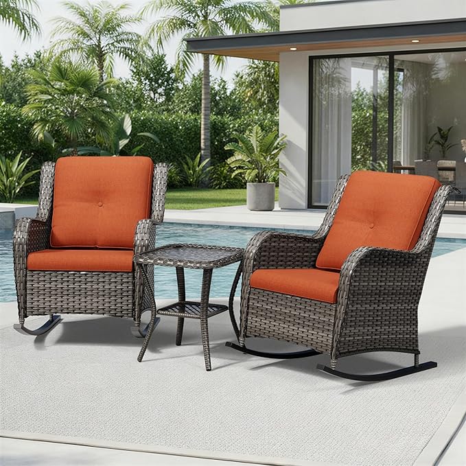 Joyside 3 Piece Wicker Patio Furniture Set, Outdoor Rocking Chair with High Back, Deep Seating, Wide Armrest, Thickened Cushions, Outdoor Rattan Furniture for Deck, Porch Use