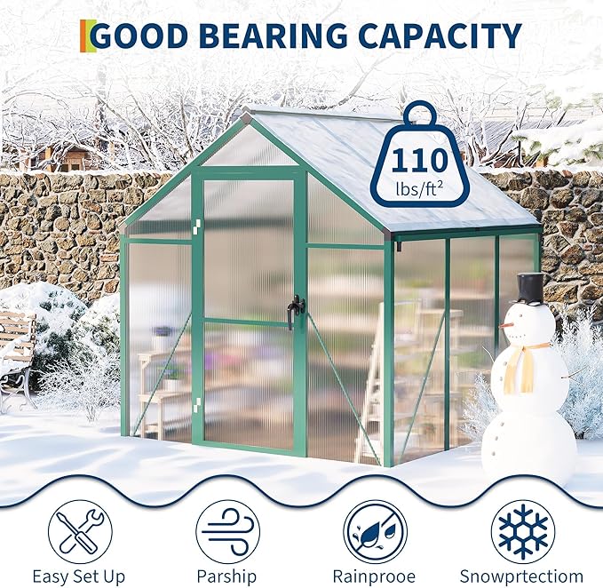 6X6 FT Greenhouse for Outdoors, Polycarbonate Flower Greenhouse with Roof Vent, Push-Pull Lockable Door, Aluminum Walk-in Greenhouses for Outside Garden Backyard, Patio, Lawn, Green