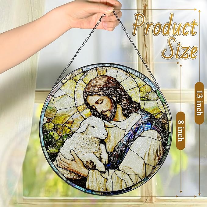 8 Inches Jesus Holding Lamb Painted Stained Glass Suncatcher, Christian Ornament, Window Hanging Decor, Christmas Decor, Christian Gift, Religious Gift, Gifts for Christmas