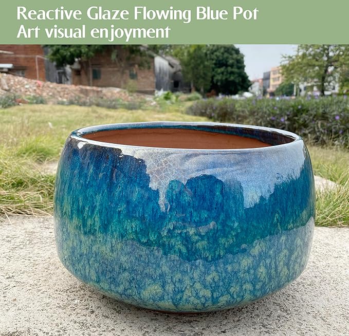 Casktcom Reactive Glaze Peacock Color 11" Ceramic Plant Pot, Large Blue Green Planter Artisan Flower Pot with Drainage Hole, Breathable Planter for Indoor Outdoor Plants