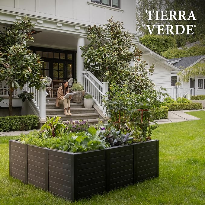 Tierra Verde 48-Inch x 48-Inch Raised Garden Bed with Tool-Free Connect System and Crafted from Recycled Materials, for Patios or Decks, Black