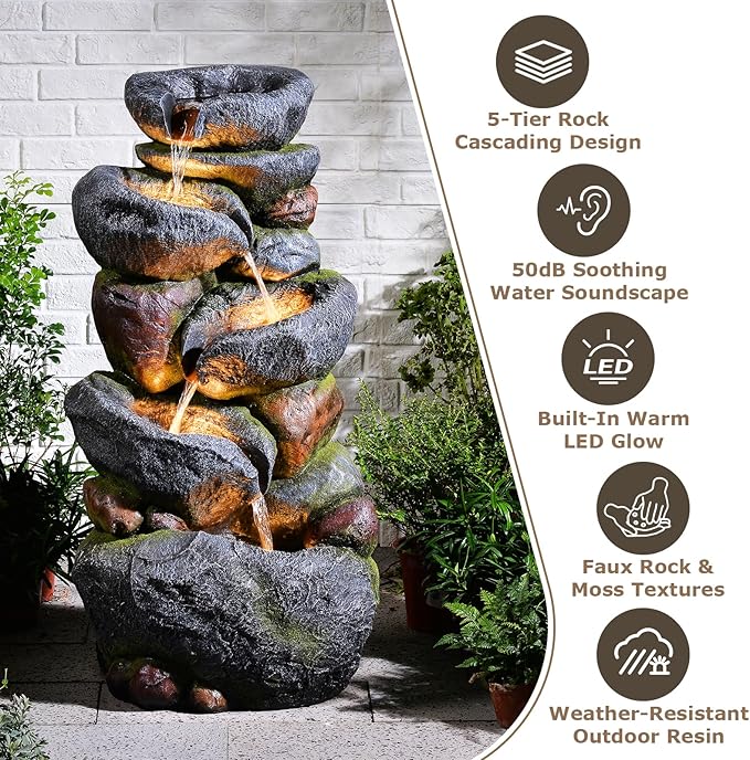 36.2''Tall Rock Outdoor Water Fountain, 5 Tiers Cascading Natural Outdoor Fountains and Waterfalls with LED Lights, Water Feature for Garden, Patio, Deck, Backyard Decor