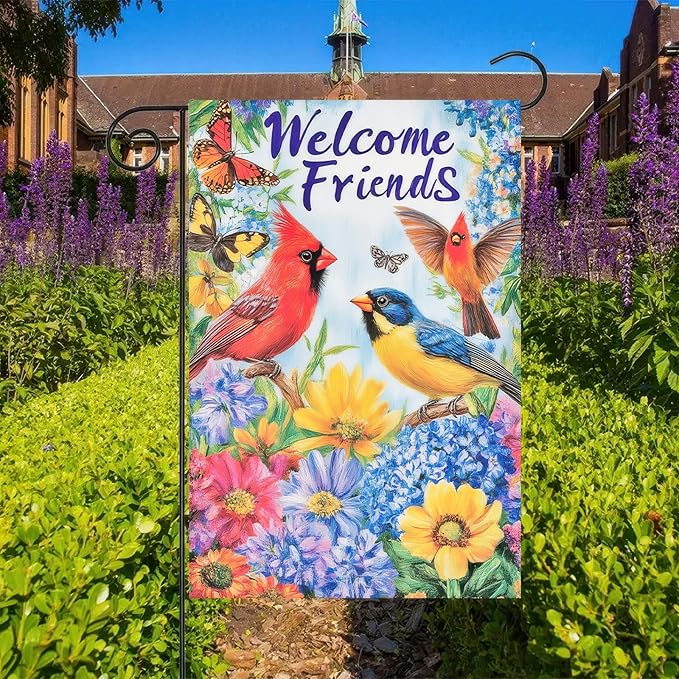 Spring Garden Flag Double Sided Garden Flag Birds Butterflies and Flowers Yard Flags Welcome Friends Design 12x18 Inch Polyester Yard Decoration for Outdoor Lawn and Patio