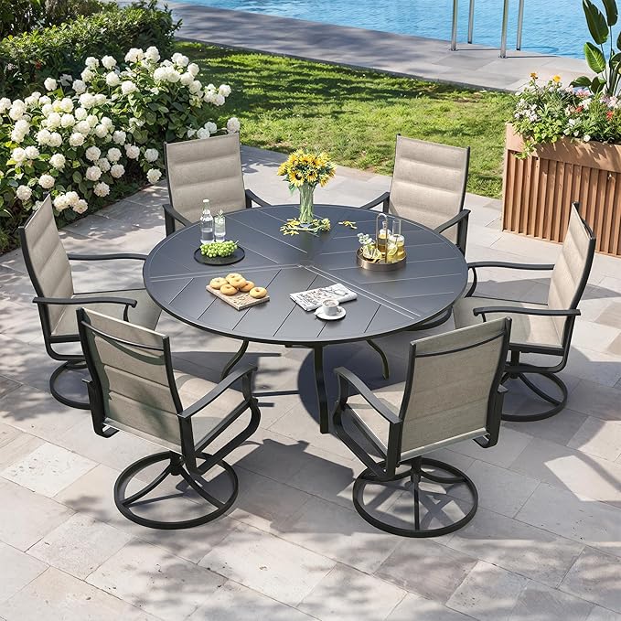 Patio Swivel Chairs Set of 6, Outdoor Dining Chairs with High Back, 360° Swivel Rocker Chair in All-Weather Padded Textilene & Metal Frame for Garden, Porch, Backyard, Balcony(Padded Beige)