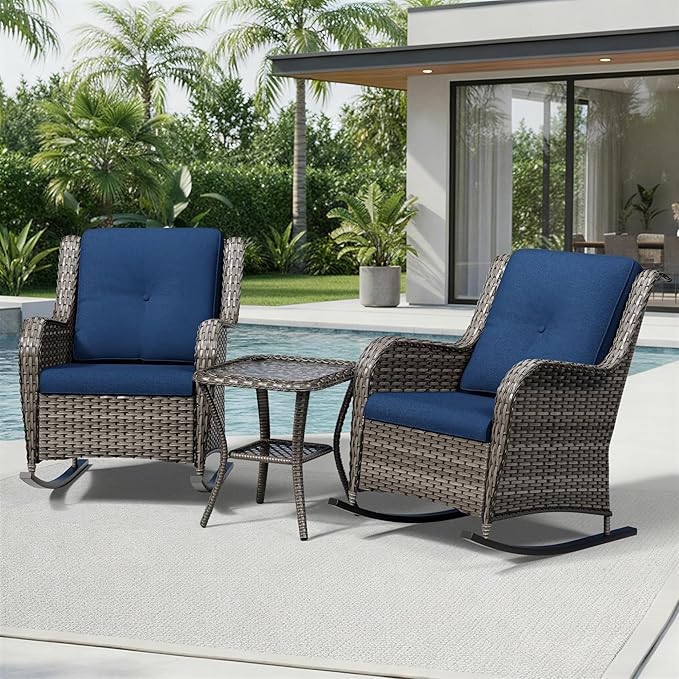 Joyside 3 Piece Wicker Patio Furniture Set, Outdoor Rocking Chair with High Back, Deep Seating, Wide Armrest, Thickened Cushions, Outdoor Rattan Furniture for Deck, Porch Use