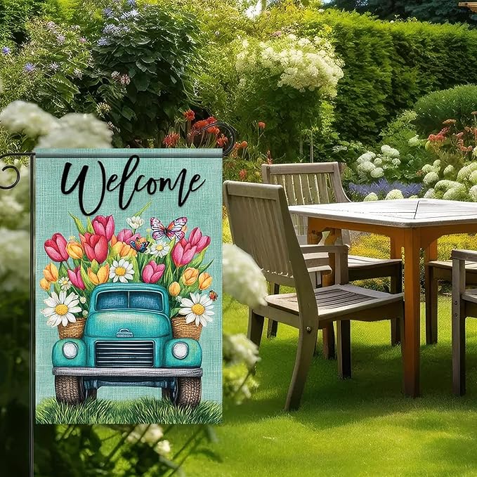 12×18 Inch Double Sided Garden Flag Spring Blue Truck Garden Flags Welcome Garden Flag Seasonal Outdoor Decorative Yard Outdoor Flag Farmhouse Spring Decor