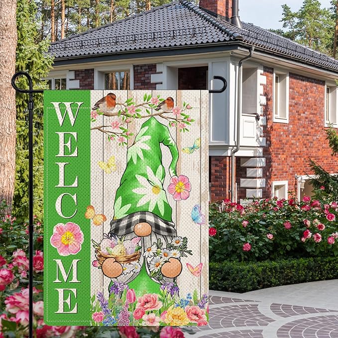 Spring Gnome Garden Flags for Outside, Floral Birds Welcome Yard Flags, 12x18 Double Sided, Seasonal Lawn Flag, Gnomes Decorations for Porch Farmhouse