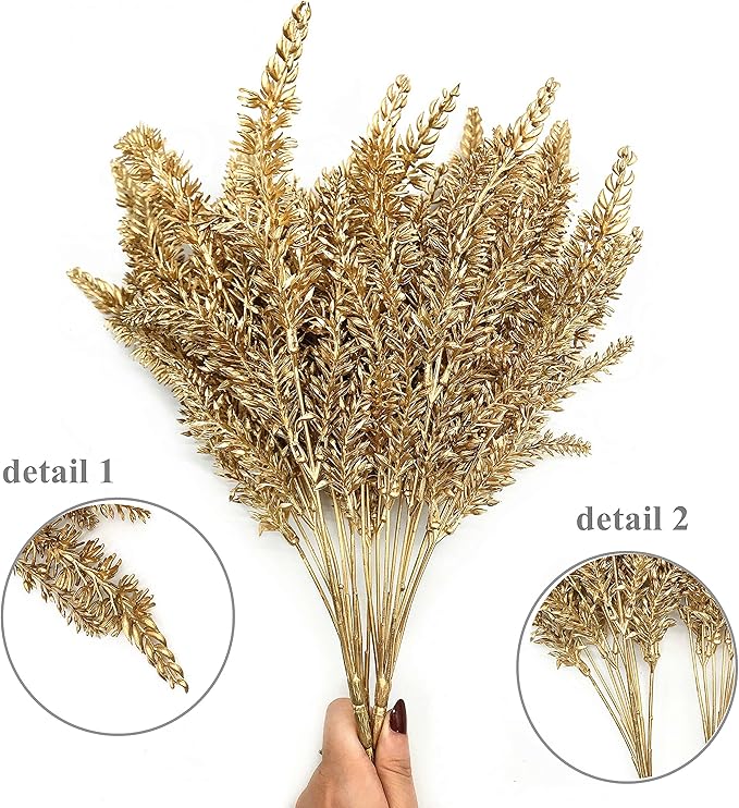 PASYOU Artificial Gold Plants Decor, Plastic Grass Faux Shrubs Simulation Lavender Leaves Indoor Outdoor Home Garden Planter Filler Party Hotel Verandah Wedding DIY Decoration - Golden 4 Pack