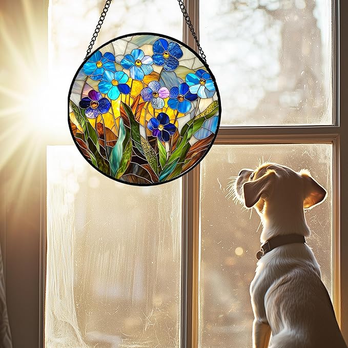 Stained Glass Window Hanging - Blue Wildflower Plant Flowers Sun Catcher for Door Garden Home Decor Suncatcher Christmas Mother's Day Birthday Gifts for Women Men Mom Nana 6.3 in