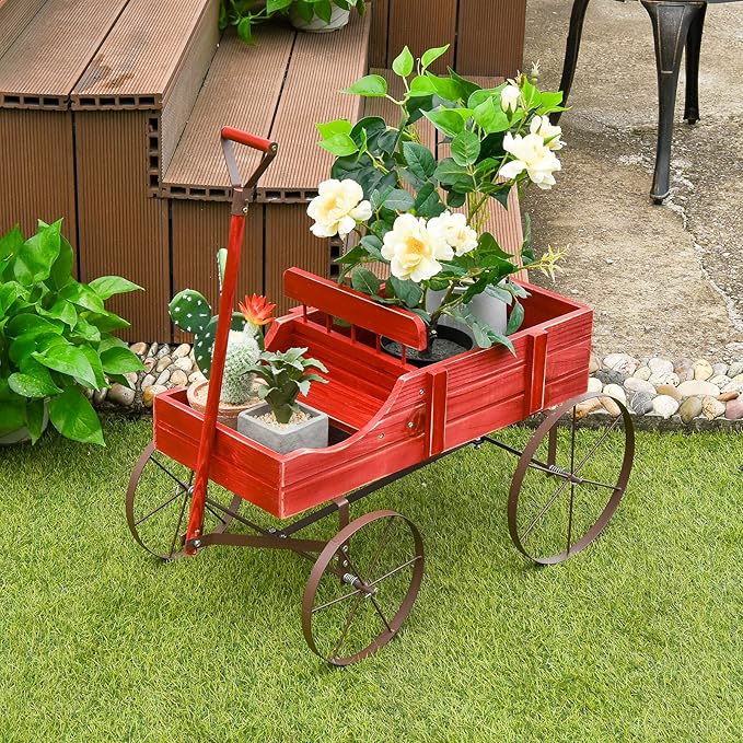 Giantex Decorative Garden Planter, Small Wagon Cart with Metal Wheels, Wood Raised Beds Plant Pot Stand for Backyard Garden Patio 24.5"x13.5"x24" (Red)