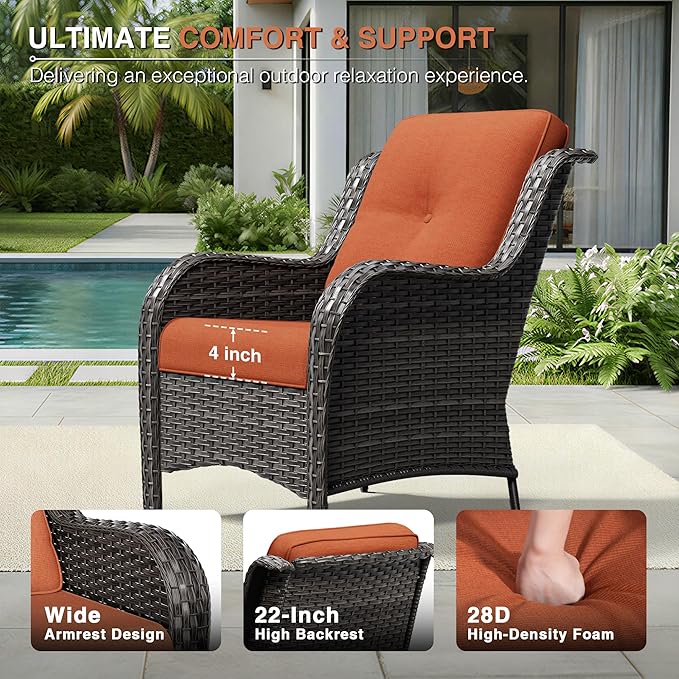 Joyside 5 Piece Wicker Patio Furniture Set with Fire Pit Table, Rattan Patio Chairs with High Back, Deep Seating, Wide Armrest, Thickened Cushions, Outdoor Furniture for Deck, Porch Use