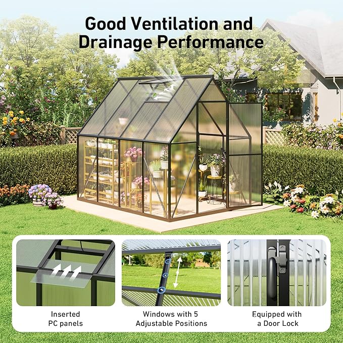 6x7.5FT Outdoor Greenhouse, Polycarbonate Greenhouse, Small Walk-in Greenhouse with Vented Roof Window, Windproof Aluminum Frame with Quick-Installation Structure, Suitable for Gardening