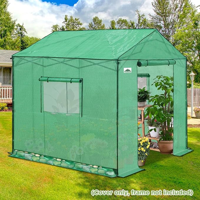 EAGLE PEAK Replacement Cover for 8x8 Gable Roof Pop up Greenhouse, Front and Rear Roll-Up Zipper Entry Doors and 2 Large Roll-Up Side Windows (Frame Not Included), Green