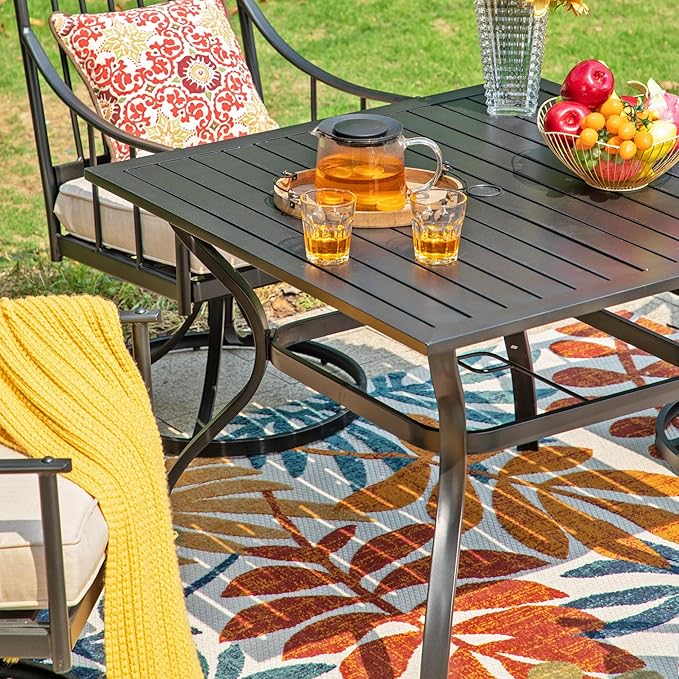 Sophia & William 37" Square Patio Outdoor Dining Table with 1.57" Umbrella Hole, All-Weather Resistant Table with E-Coating for 4 People, Black Metal Steel Slated Table for Garden Backyard Poolside