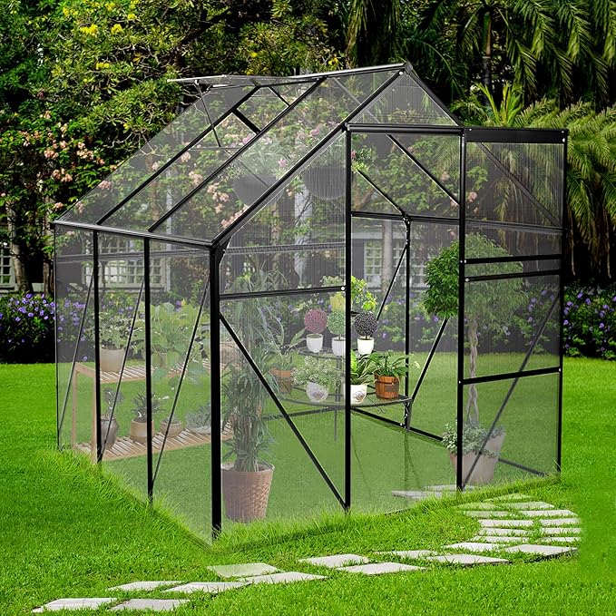 Favfurish 6X6 FT Polycarbonate Greenhouse, All Season Heavy Duty Walk-in Garden Plants Green House for Outdoor Backyard, Raised Base and Anchor Aluminum, Black