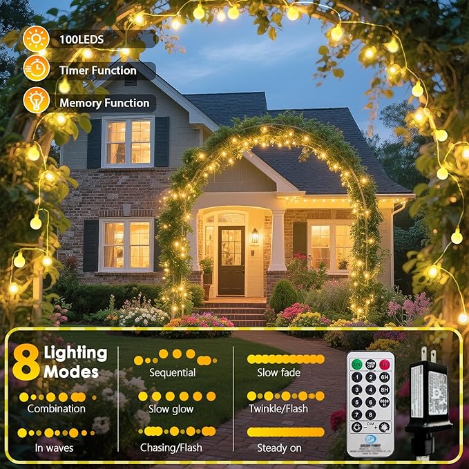 LORRYTE Connectable 43FT 100LED Globe String Lights | 8 Modes Warm White String Lights Plug in with Remote | Hanging Fairy Light for Indoor Outdoor Bedroom Party Classroom Christmas Tree Decor