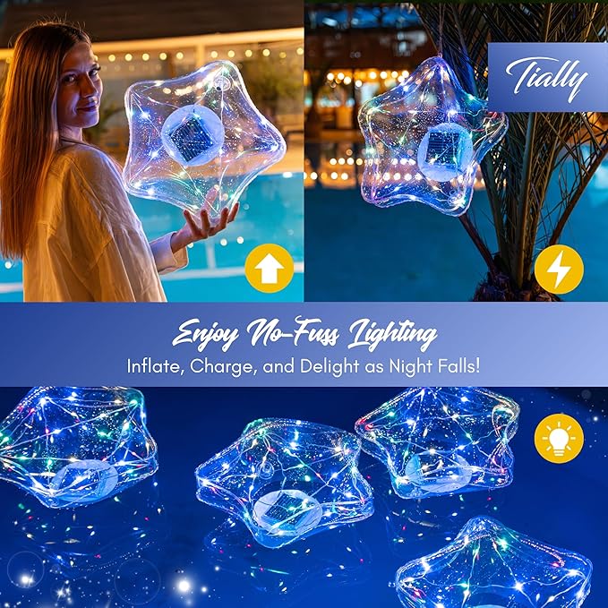 TIALLY Solar Star Lights Outdoor - 14'' Solar Floating Pool Lights, Inflatable & Hangable Outdoor Decorations, Waterproof Solar Powered Star Light - Best Gift Pool Decor (2 Pack Colored)