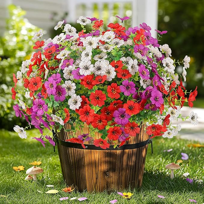Artificial Spring Flowers Outdoors Faux Plants UV Resistant Plastic Flowers Outdoors Fake Greenery Plants Outside for Garden Porch Planters Silk Flowers Daisy Decor, 12 Bundles (Mix White Red Purple)