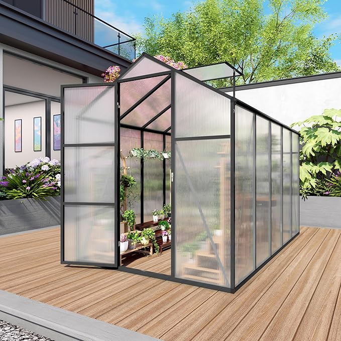 6x10 FT Greenhouse,Outdoor Greenhouse W/ Roof Vent,Walk-in Aluminum Polycarbonate Green House W/ Drainage System & Ground Nails,Green Houses for Outside Garden,Backyard,Patio,Lawn,Black