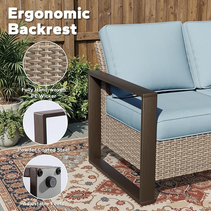 Joyside Outdoor Patio Chairs, 7 Pieces Wicker Rattan Furniture Set, 4 Patio Chairs, 1 Sofa and 2 Ottoman, Metal Wide Armrest, Thick Cushions and Deep Seating for Garden, Backyard, Porch, Deck