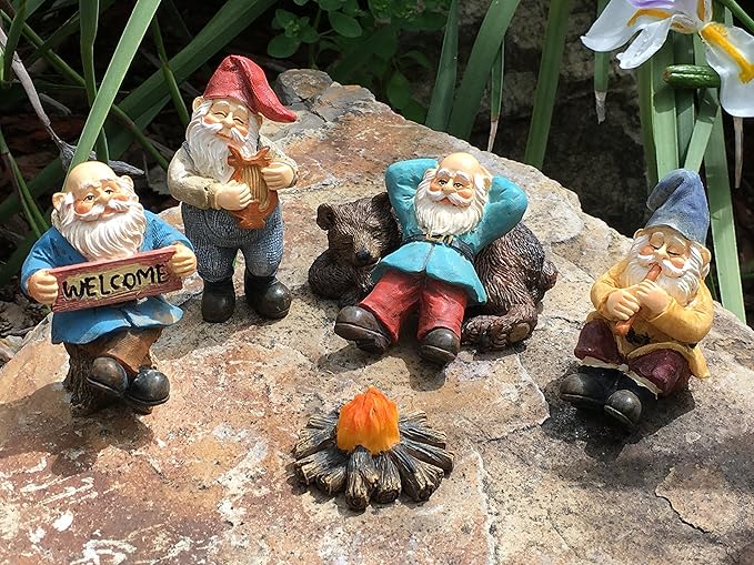 GlitZGlam Happy Gnomes Camp - 6 Piece Garden Gnome Set for The Miniature Fairy Garden