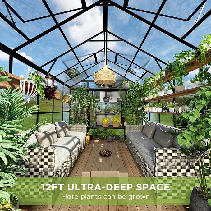 HOWE 8x12x7.5 FT Polycarbonate Greenhouse Double Swing Doors 4 Vents 5.2FT Added Wall Height, Walk-in Large Aluminum Sunroom Winter Greenhouse for Outdoors, Black