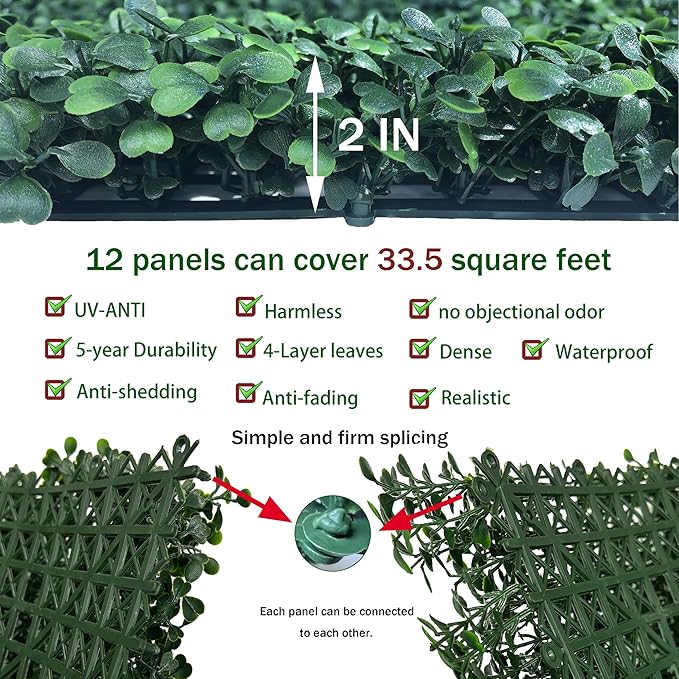 ODTORY Artificial Boxwood Hedge Wall Panels: 20 X 20 in 12P UV-Anti More Dense Greenery Grass Wall Backdrop Panels for Indoor Outdoor Green Home Decor & Ivy Fence Covering Privacy