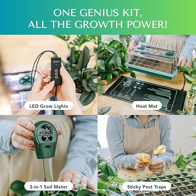 GROWFRIEND Seed Starter Kit with Grow Lights & Heat Mat – 40-Cell Seed Starter Tray, Humidity Dome, Soil Moisture Meter & Sticky Gnat Traps – Indoor Greenhouse & Plant Propagation Station