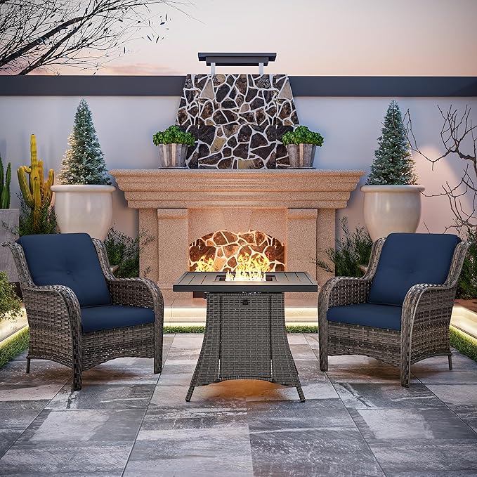 Joyside 3 Piece Wicker Patio Furniture Set with Fire Pit Table, Rattan Patio Chairs with High Back, Deep Seating, Wide Armrest, Thickened Cushions, Outdoor Furniture for Deck, Porch Use