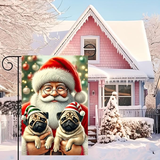 Christmas Garden Flag 12x18 Inches - Double-Sided Santa Claus with Adorable Pugs in Holiday Hats, Weatherproof Outdoor Decoration for Lawn and Garden