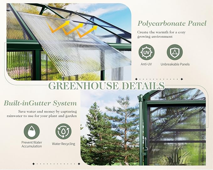 Jocisland 7.5x7.6x7.4 FT Outdoor Aluminum Polycarbonate Greenhouse with Ventilation and Rain Gutter, Double Swing Doors with Hook, Walk in Greenhouse for Outdoors, Backyard, Garden (Green)