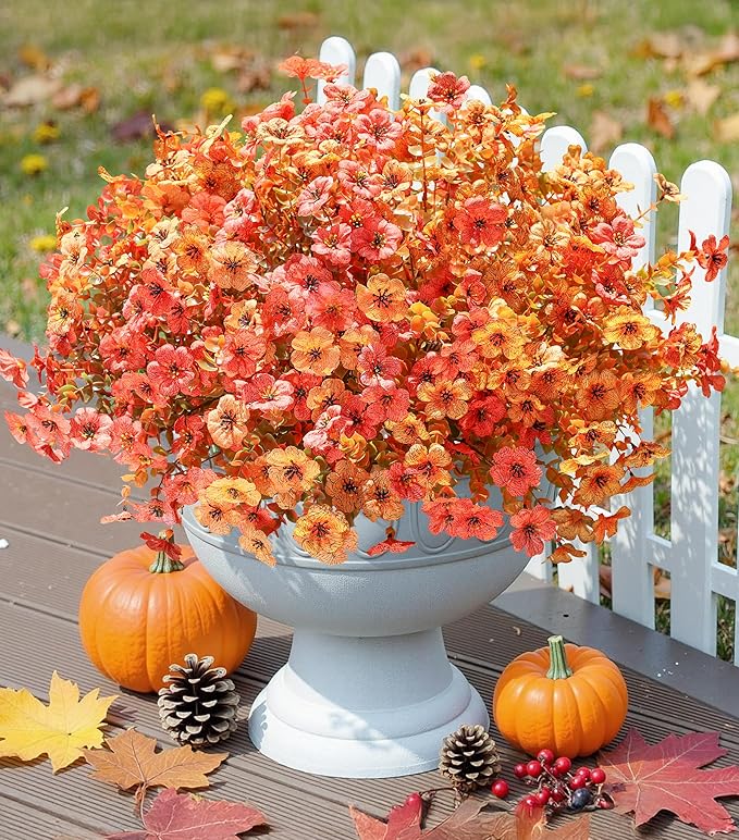 florisso Artificial Fall Flowers Fake Mums for Outdoor Autumn Decoration, 12 Bundles Faux Silk Orange Yellow Mums Daisy Look Real UV Resistant for Outside Home Porch Patio Planter