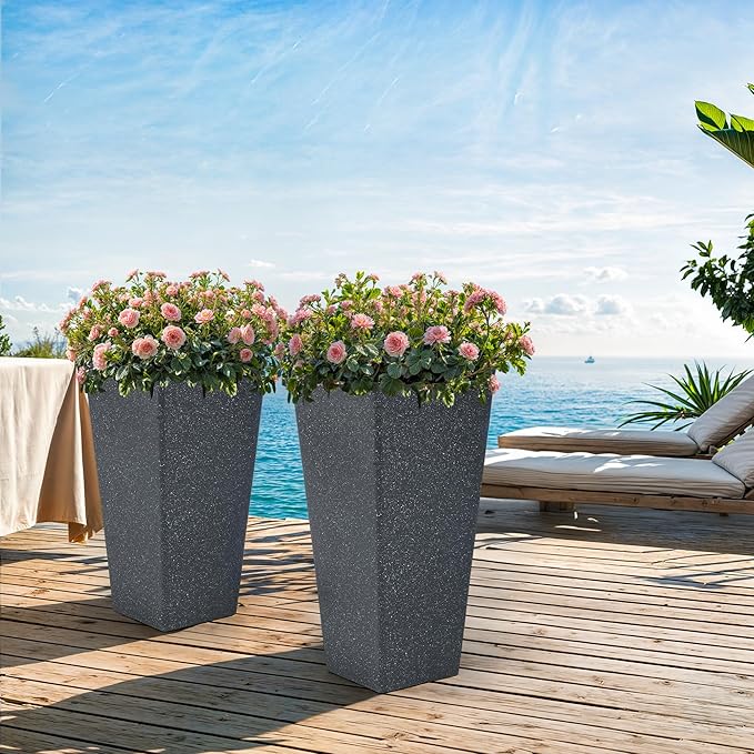 Autodaya 28" Tall Planters Set of 2, Oversized Terrazzo-Look PP Outdoor Pots for Plants, Versatile Indoor/Outdoor Flower Pots w/Drainage Hole for Patio, Garden, Porch & Living Room Decor, Ideal Gift