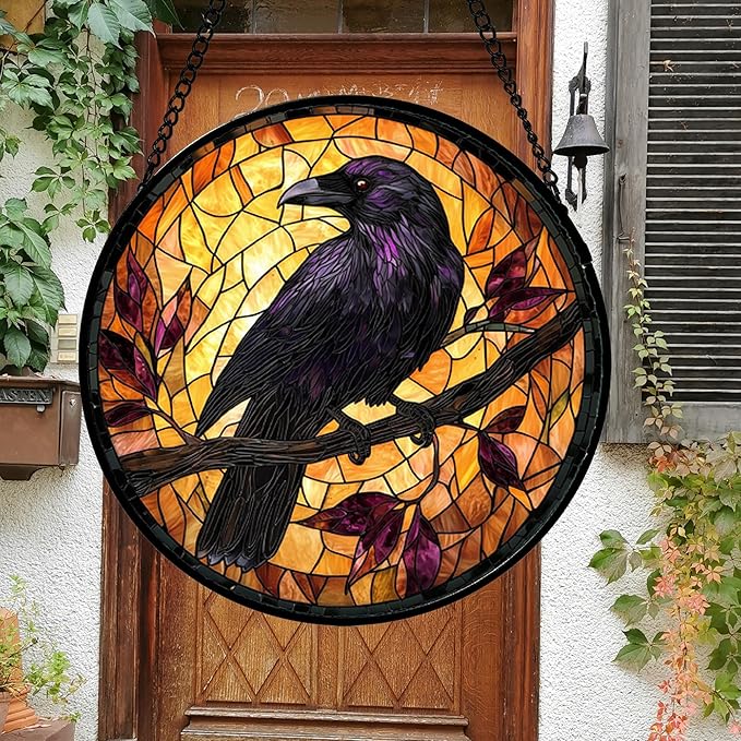 DASTOLL Stained Glass Window Hanging - Crow on a Branch Suncatcher Ready to Hang Window Doors Home Decoration and Christmas, Mother's Day Birthday Gifts for Women, Men, and Mom 14.9x14.9 in