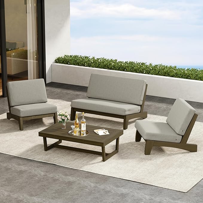 4 Piece Outdoor Wood Bistro Set, Wooden Conversation Patio Coffee Table and Chairs Furniture Set with Patio Loveseat for Porch Balcony Deck Backyard