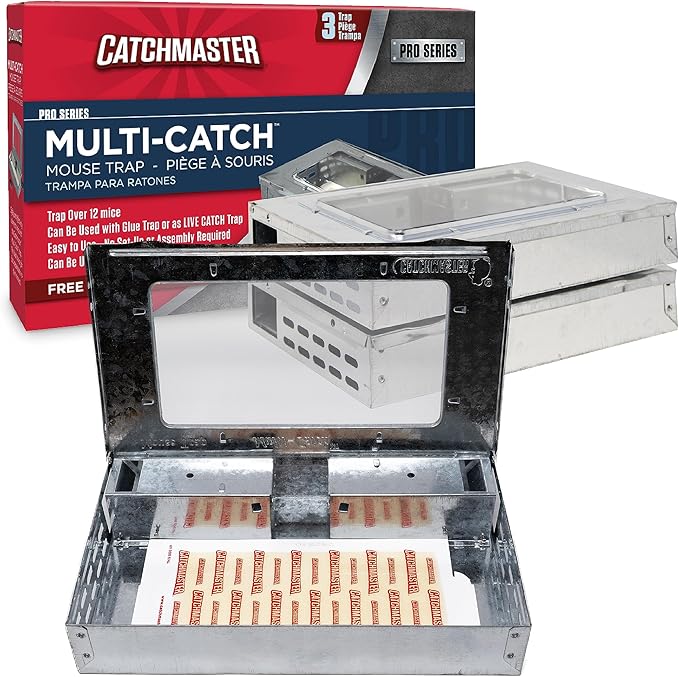 Catchmaster Multi-Catch Mouse Trap 3-Pack, Humane Mouse Traps Indoor for Home, Includes Replaceable Glue Board, Live Catch Pest Control for Garage & Shed