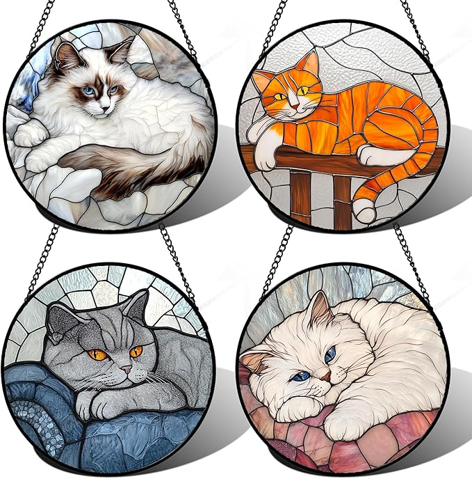 AMDERVEN Stained Glass Window Hanging 4 Pcs Set Cute Cat Large 15" - Suncatcher Door Garden Sun Catcher Decor Birthday Mother's Day Christmas Comfort Gifts for Lost Pet Woman Nana Mom Men Friend