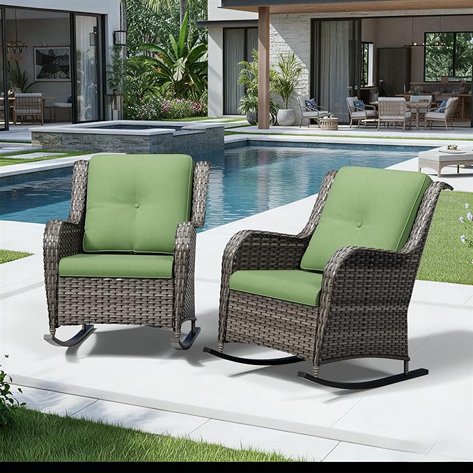 Joyside Outdoor Rocking Chairs Set of 2, Wicker Patio Furniture with High Back, Deep Seating, Wide Armrest, Thickened Cushions, Outdoor Rattan Furniture for Deck, Porch Use