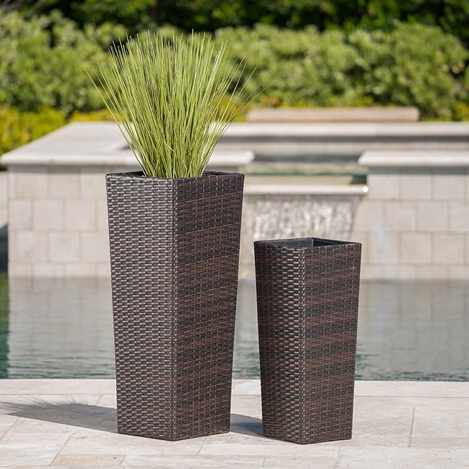 32"H Outdoor Rattan Flower Pots Set of 2,Patio Wicker All-Weather Planter Set,Rattan Plant Pots with Iron Frame for Herb Garden,or Indoor Decor,Large & Small Sizes, No Assembly Required Brown