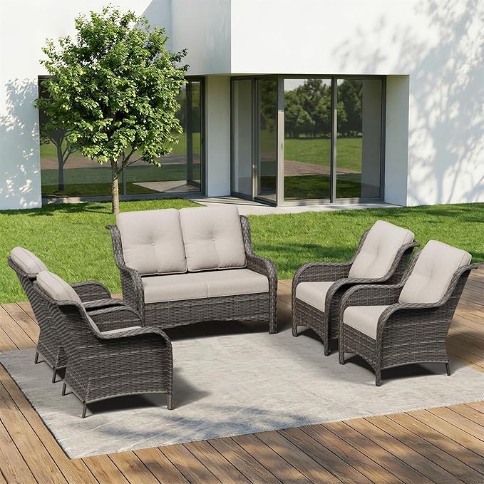 5 Piece Outdoor Wicker Patio Furniture Set, Patio Chairs Set with Thickened Olefin Cushions, High Back and Deep Seating, Hand-Woven PE Rattan for Porch, Deck