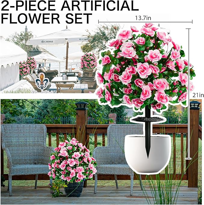 AZXVT Artificial Flowers for Outdoors, Faux Outdoor Plants Fake Plants Topiary Balls Artificial Outdoor Set of 2 with Ground Spike for Home Front Porch Patio Garden Decor (Pink)