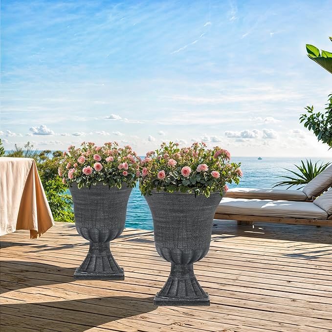 Ultym 22" Large Urn Planters (Set of 2), Handmade Washed Black Plastic Flower Pots, Weatherproof for Porch, Garden, Patio or Home Décor
