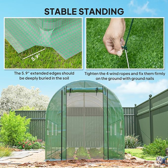 Outsunny 14.6'x6.5'x6.6' Hoop House Greenhouse with 2 Support Rods, Zippered Roll-up Mesh Door, Mesh Windows, Walk-in Tunnel Greenhouse with PE Cover, Galvanized Steel Frame, Outdoor Garden, Green
