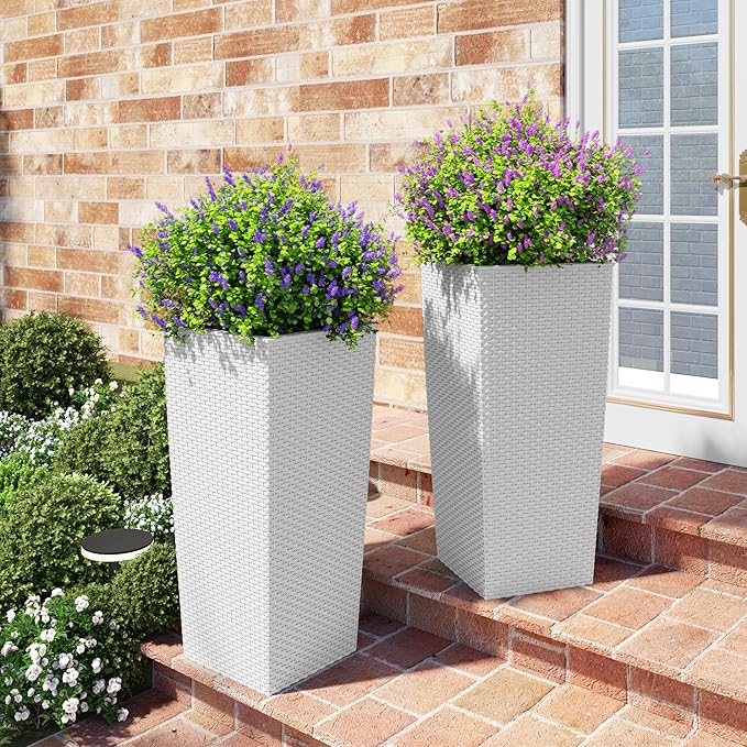 Vigo huseeo 23in Tall Planter Set of 2, Large Self Watering Pots for Indoor/Outdoor Plants with Drain Holes, Water Level Monitor, Inner Bucket for Front Porch Patio, White Rattan