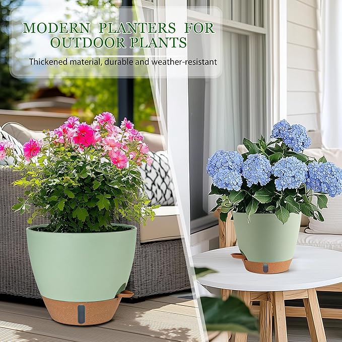 Fielda Self Watering Pots for Inoor Ourdoor Plants 10/9/8/7/6.5 Inch Plastic Planters with Drainage Holes & Water Level Indicator, Decorative House Flower Nursery Planting Pots with Saucers (Green)