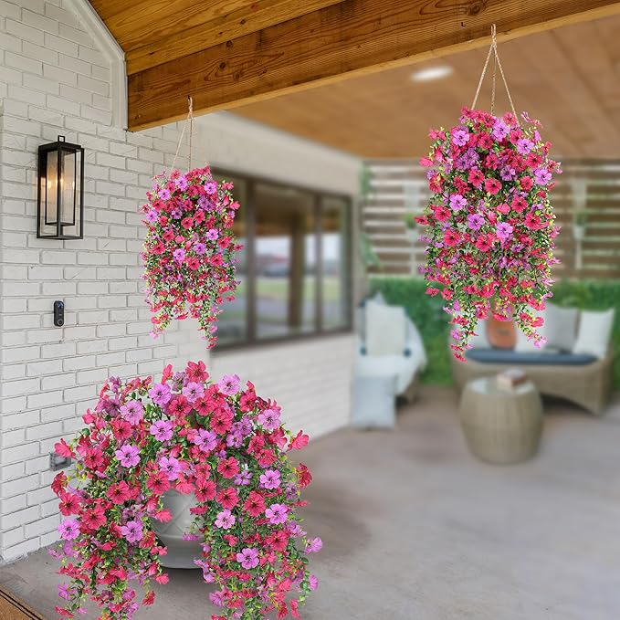 Artificial Fake Hanging Flowers Plants for Outdoor Outside Spring Summer Decoration 2PCS Faux Silk UV Resistant Realistic Mums Daisy with Eucalyptus for Home Porch Patio Balcony(Hot pink & Magenta)