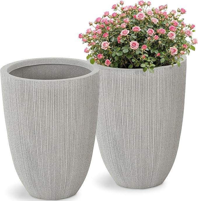 Ultym 19" H Mediterranean Planter for Indoor/Outdoor Plants, Set of 2 Large Flower Pot with Drainage Hole, Weather/UV Resistant Resin Planters for Garden Patio Porch Home Office Decor, Beige Fluted