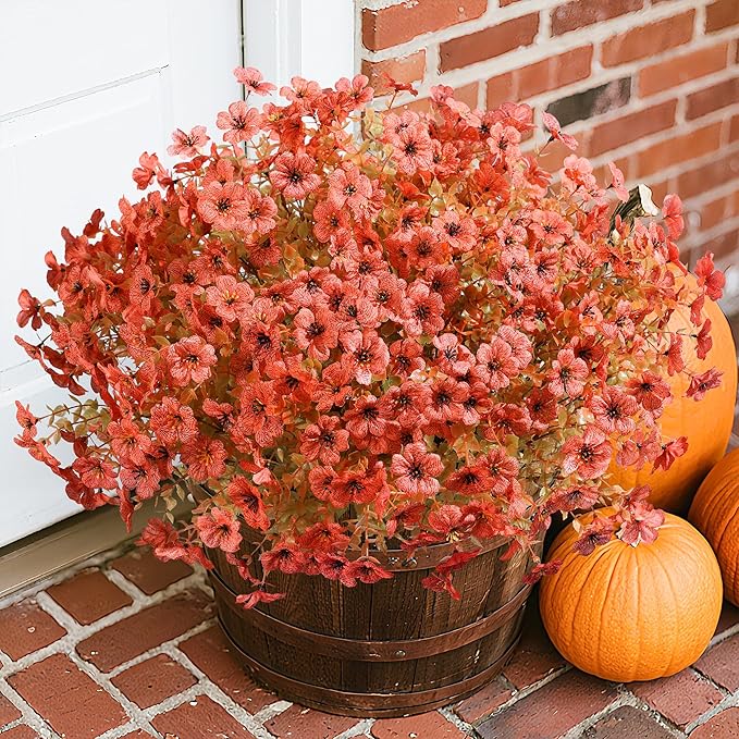 florisso Artificial Fall Flowers Fake Mums for Outdoor Autumn Decoration, 12 Bundles Faux Silk Orange Yellow Mums Daisy Look Real UV Resistant for Outside Home Porch Patio Planter